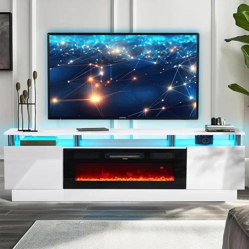 Vista 23 de oneinmil Soporte de TV con chimenea de 70 pulgadas para sala de estar, centro de entretenimiento con chimenea eléctrica con luces LED dobles