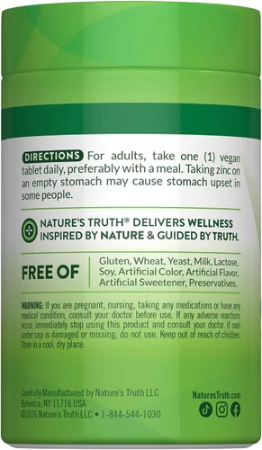 Vista 7 de Nature's Truth Zinc quelado de 50 mg 100 tabletas Suplemento mineral esencial de gluconato de zinc Vegano, sin OMG y sin gluten