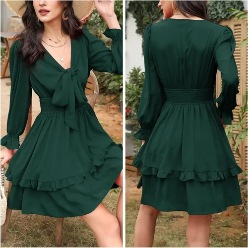 Vista 3 de EXLURA - Mini vestido acampanado, con cuello en V, de manga globo larga, floral, con capas, volantes, cintura elástica y para anudar por delante