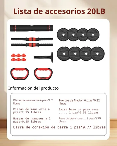 Vista 2 de Mancuernas ajustables, juego de pesas libres de 20/30/40/60/80 libras con conector, juego de mancuernas 4 en 1 utilizadas como barra/pesas
