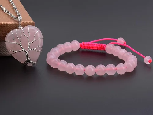 Vista 2 de LPBeads Collar de piedra de cristal curativo de corazón, colgante de chakra del árbol de la vida envuelto en alambre con pulsera y bolsa de joyería
