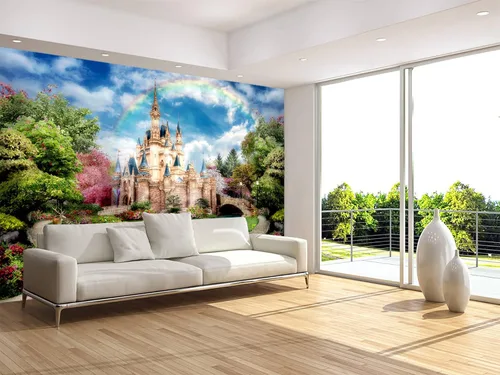 Vista 3 de MFWFM Mural de Pared de Castillo para Dormitorio de Niños Hermoso Mundo de Cuentos de Hadas (No Pelar y Pegar)