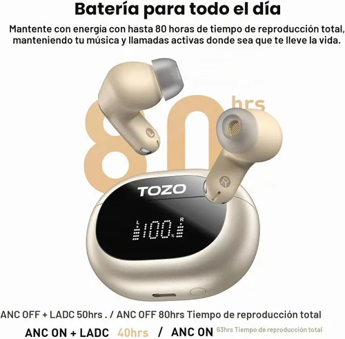 Vista 4 de TOZO NC20 Auriculares inalámbricos con cancelación activa de ruido LDAC