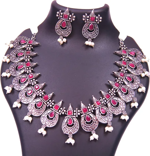 Vista 2 de PS - Juego de gargantilla de piedra chapada en plata con flores de cristal tradicionales para mujer
