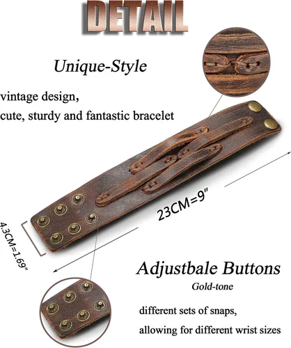Vista 4 de THUNARAZ 2PCS Leather Cuff Bracelet Wrap Wristband Button Bangle for Men Women Adjustable Wide Brown Belt Punk Bracelet