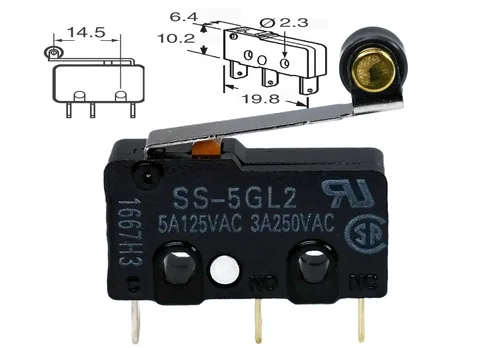 Vista 2 de Omron SS5GL2 Microswitch 125 VAC, interruptor de límite de micro 5A, rodillo de bisagra, acción momentánea a presión (paquete de 5)