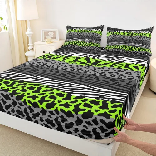 Vista 14 de Sábana bajera ajustable con estampado de leopardo, tamaño individual, juego de ropa de cama rústica con rayas de piel de cebra, decoración