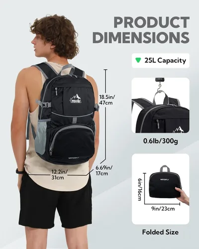 Vista 2 de WATERFLY Mochila de senderismo plegable: mochila de día de 25L ultra ligera para mujer y hombre - pequeña mochila plegable compacta para deportes al