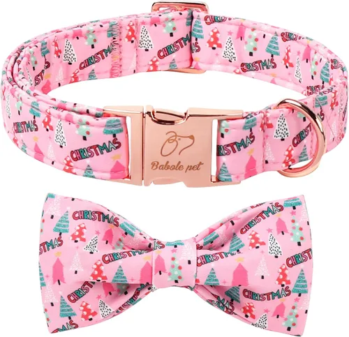 Vista 21 de Collar de Navidad para Perro con Pajarita - Lindo Collar de Cachorro Azul con Patrón Navideño de Cereza y Caramelo, Hebilla de Metal Ajustable