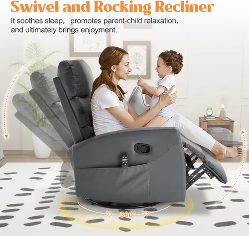 Vista 3 de Luxlen Manual Swivel Rocker Recliner Chair with Massage, Overstuffed Recliner Glider with Vibration Massage and Heat for Nursery, Living Room gris