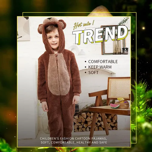 Vista 2 de COSUSKET Pijama de franela de ajuste cómodo para niños y niñas Marrón
