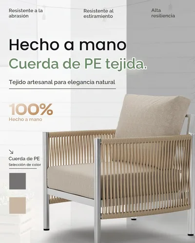 Vista 4 de Sofá de dos plazas de aluminio para patio exterior, sofá de patio de cuerda HDPE con cojín grueso lavable, muebles de patio para todo tipo de clima