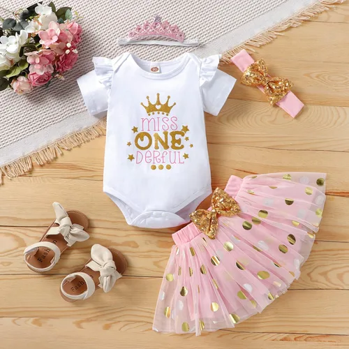 Vista 2 de Conjunto de mameluco de algodón para el primer cumpleaños para niñas con lentejuelas y lazo para la cabeza, 3 piezas
