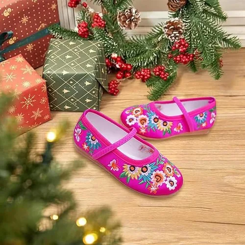 Vista 3 de Encanto Costume Shoes for Girls Gorgeous Mary-Jane Ballet Pumps Comfortable Low Heel Round Toe Flats Floral Embroidery Shoes