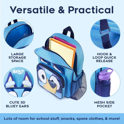 Vista 5 de Bluey Mochila, mochila para niños con interior espacioso, bolsillos laterales de malla, linda mochila para niños y niños pequeños con correas