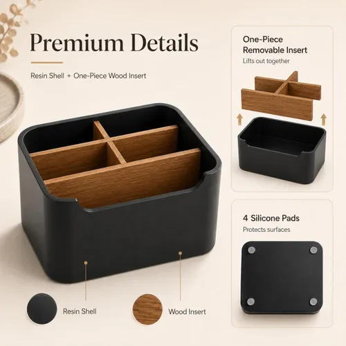 Vista 3 de Organizador de escritorio elegante y soporte para mando a distancia en negro - Mantén tu espacio de trabajo ordenado y organizado, almacenamiento