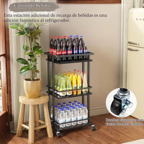 Vista 7 de OKZEST Carrito de barra de 3 niveles para el hogar, mini gabinete de licor Negro (Rustic Black)