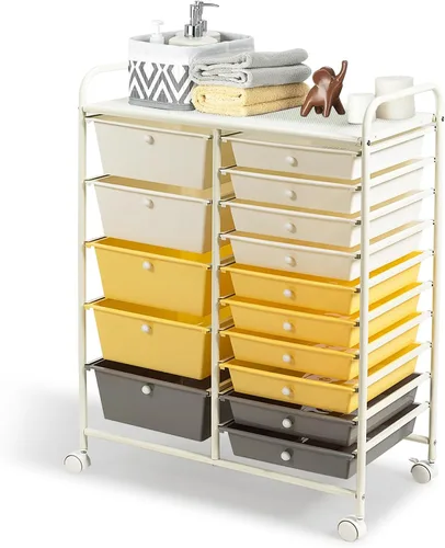 Vista 13 de DREAMADE Carrito de almacenamiento con ruedas de 15 cajones, carrito de manualidades móvil con ruedas con cerradura, cajones de plástico extraíbles
