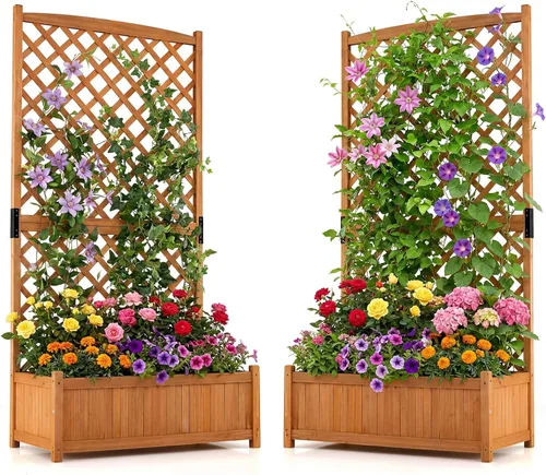 Vista 12 de HAPPYGRILL Cama de jardín elevada de 72.5 pulgadas con enrejado y jardinera