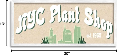 Vista 8 de Stupell Industries NYC Plant Shop Green Grass Skyline Est. 1965, diseño de Daphne Polselli - Arte de pared enmarcado blanco, 30 x 13 pulgadas