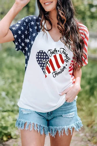Vista 2 de Camisas patrióticas para mujer, camiseta con la bandera estadounidense, Faith Family Freedom Graphic Tee USA Star Stripes Tops