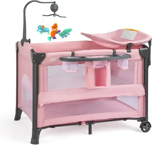 Vista 8 de Joymor Cama de noche para bebé, cambiador, moisés con colchón, cama plegable de viaje, con juguete, ruedas y freno, bolsa de transporte, para niños