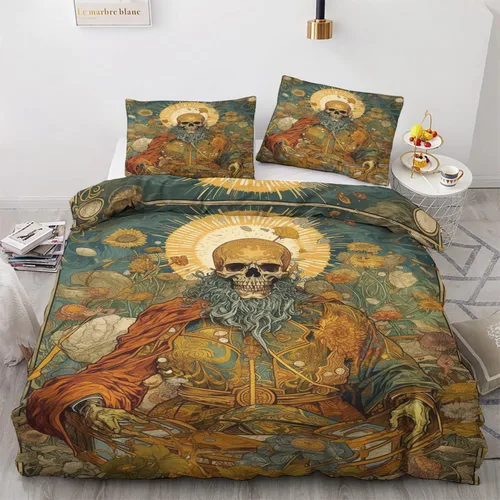 Vista 11 de Juego de funda de edredón tamaño individual Juego de cama de calavera de flores Patrón de esqueleto 2 piezas Funda de edredón de microfibra