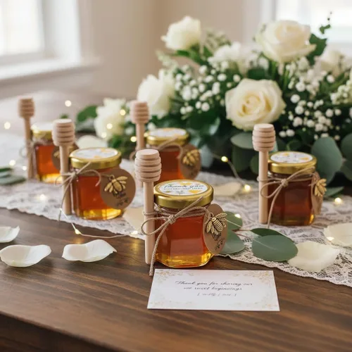 Vista 2 de Mini tarros de miel, 1.5 onzas de cristal hexagonal con goteros, abalorios de abeja, bolsas de regalo de organza y calcomanías, perfecto