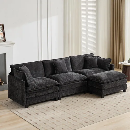 Vista 75 de Sofá seccional modular, sofá seccional en forma de L de 76.7 pulgadas con otomana móvil, cómodo loveseat de chenilla nube con reposabrazos