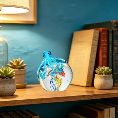 Vista 7 de QFkris Figuras coloridas de cristal de pulpo y medusas, coleccionables, hechas a mano, adorno de pisapapeles de vidrio de animales marinos