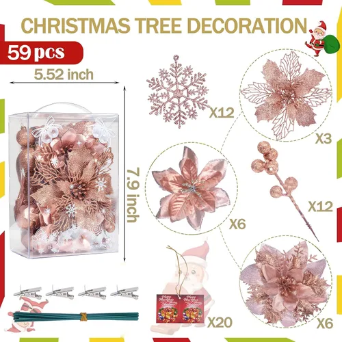 Vista 3 de BSMYBO 59 piezas 6 estilos de flores de Pascua artificiales para árbol de Navidad, adornos de Navidad en color oro rosa con tallos de bayas, copos