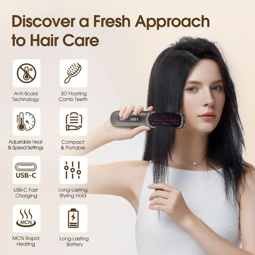 Vista 3 de Lovinity - Cepillo alisador de cabello con pantalla LCD (calentamiento rápido de cerámica MCH) (alisador de carga USB inalámbrico) Mini cepillo