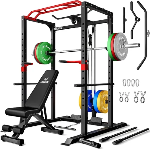 Vista 11 de Jaula de potencia JELENS, banco multifunción S11 con capacidad de 2000LBS, barra para sentadillas con sistema de poleas ajustable y más accesorios