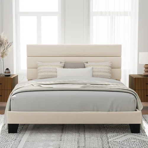 Vista 30 de Allewie Base de cama de plataforma de tamaño individual con cabecera tapizada de tela y soporte de listones de madera, base de colchón totalmente