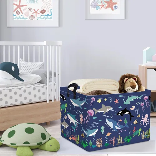 Vista 4 de Clastyle Cesta de bebé de tortuga marina con peces y estrellas de mar de coral océano, estrellas de mar, para libros, para libros, impermeable
