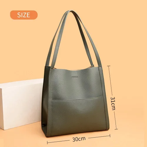 Vista 5 de Bolso de hombro para mujer, color sólido, de piel auténtica, bolso de mano de gran capacidad, bolso de viaje, bolso de fin de semana, comprador