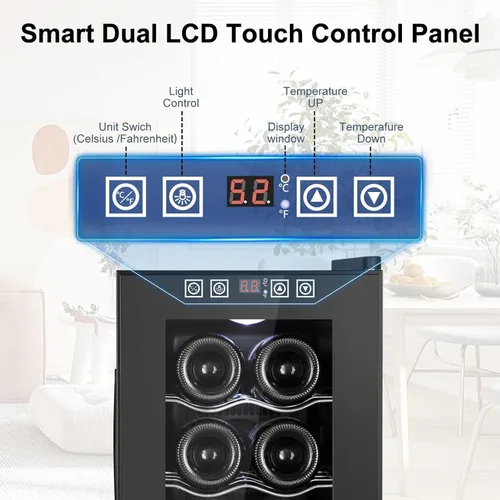 Vista 6 de Refrigerador Enfriador de Vinos de 8 Botellas, Refrigerador Pequeño de Vino, Mini Refrigerador de Vino de Encimera con Puerta de Vidrio, Bodegas