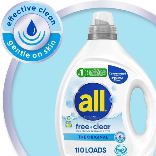 Vista 4 de all free clear, Original, Detergente líquido para lavandería para piel sensible, sin aroma e hipoalergénico, concentrado, 82.5 onzas líquidas, 110