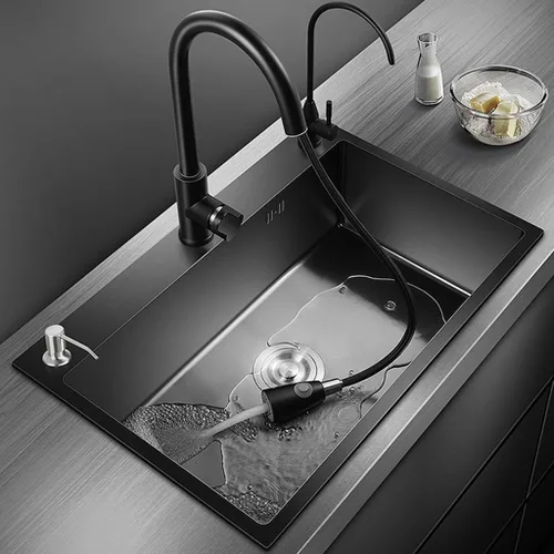 Vista 2 de ARTLINE Fregadero de cocina negro, fregadero de un solo cuenco de acero inoxidable, fregadero de estación de trabajo de caída/montaje superior