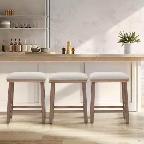 Vista 23 de Taburete de bar gris de madera maciza para encimera de cocina, taburete de bar con asiento de cuero sintético, taburete tapizado para isla de 34 a