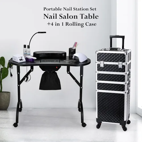Vista 2 de Faquenc Mesa de manicura plegable para uñas con colector de polvo + estuche de maquillaje 4 en 1 rodante para estilistas móviles, artistas, salón