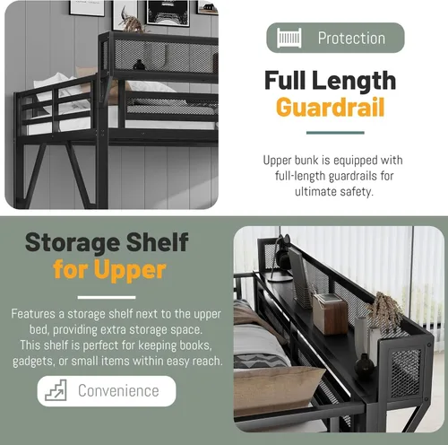 Vista 3 de Mirightone Cama elevada de tamaño completo con escaleras, camas elevadas de metal, estructura de cama elevada con estantes de almacenamiento, cama