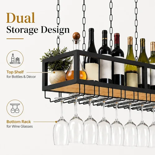 Vista 4 de Estante de techo para copas de vino, estante colgante para vino con soporte para vidrio y estante, soporte para botellas de vino colgante industrial