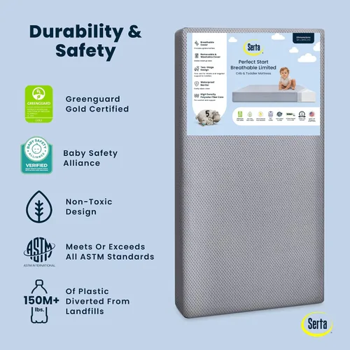 Vista 7 de Serta Perfect Start Colchón transpirable de dos etapas limitada para cuna y colchón para niños - Funda transpirable y núcleo de fibra, funda lavable