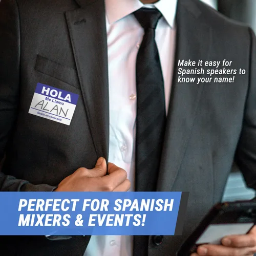 Vista 4 de Hola Me Llamo - 100 etiquetas de nombre en español (4 x 2.31 pulgadas, azul) para eventos familiares o reuniones sociales Spanish Name Badges, For