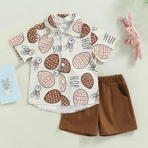 Vista 2 de Conjunto de 2 piezas de camiseta de manga corta con botones y pantalones cortos sólidos para bebé niño