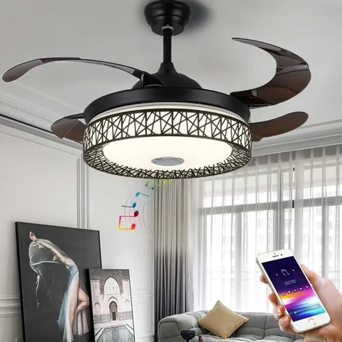 Vista 9 de Lámpara de techo moderna de 42 pulgadas con control remoto, ventilador de techo retráctil con altavoz Bluetooth, iluminación de 3