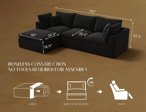 Vista 2 de ohllob Sofás seccionales Cloud de 110 pulgadas para sala de estar, sofá deshuesado en forma de L con otomana, sofá modular de 3 plazas, color negro