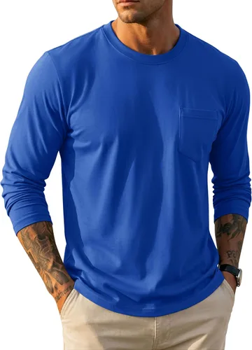 Vista 27 de MAGCOMSEN Camisa de manga larga para hombre con bolsillo, de algodón, cuello redondo, casual, ligera