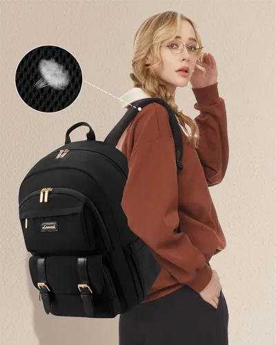Vista 2 de LOVEVOOK Mochila para laptop para mujeres, mochila tote convertible para laptop, mochila ligera de viaje y trabajo para computadora, Negro, 15,6